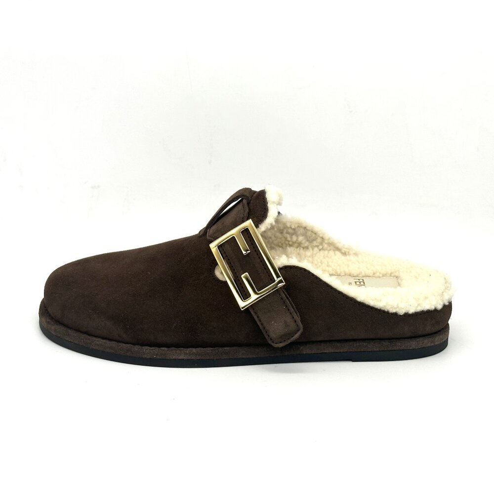 FENDI Feel FF Shearling  Buckled Sabots Mules Slides Flat Clog Sandals - Picture 4 of 16
